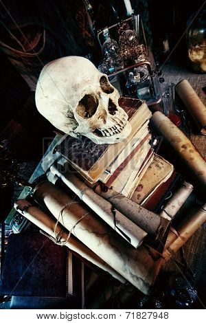 Medieval alchemist laboratory. Halloween. Fairy-tale interior.