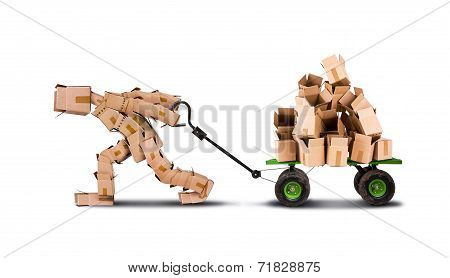Box character pulling a cart of empty boxes