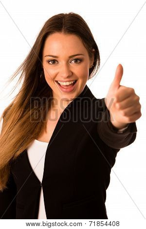 Preety Asian Caucasian Business Woman Gesturing Success Showing Thumb Up