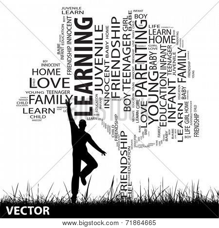 Vector concept or conceptual black education text word cloud or tagcloud as tree and grass, a man jumping, isolated on white background