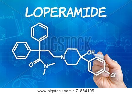 Hand with pen drawing the chemical formula of Loperamide