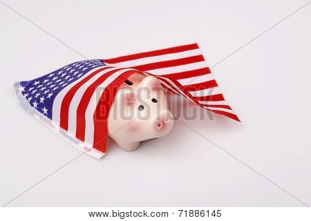 Pig Money Box And Usa Flag
