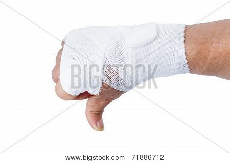 Thumb Down Showing By Hand With White Bandages Isolated