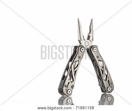 stanless steel multitool isolated on white