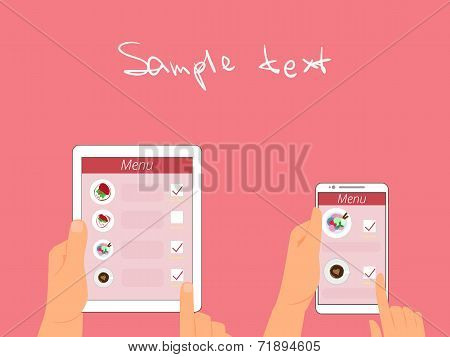 Man and woman are ordering food using gadgets in restaurant