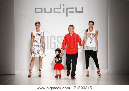 NEW YORK-SEP 8: (L-R) Danielle Knudson, designer Zhuliang Li & Miss Teen USA K. Lee Graham at OUDIFU fashion show at Mercedes-Benz Fashion Week at Lincoln Center on September 8, 2014 in New York City.