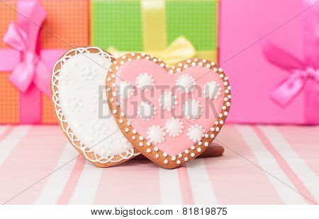 two heart cookies and presents