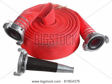 Red Fire Hose Winder Roll  Roller, With Coupler And Nozzle.