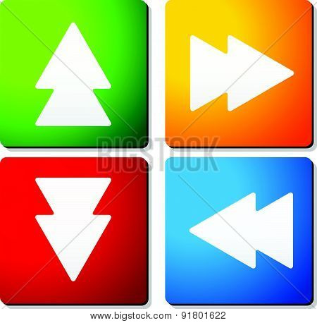 Double Arrow Symbols On Colorful Squares. Arrow Buttons, Arrow Icons. Vector.