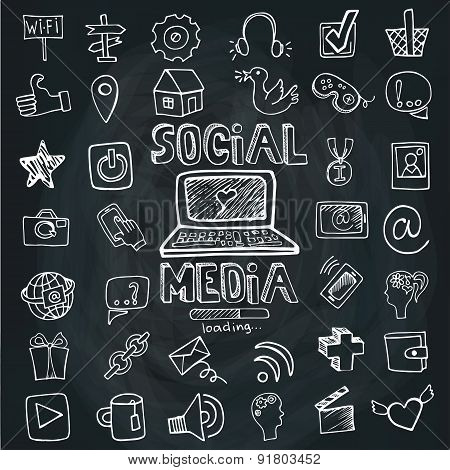 Social Media Word and Icon set.Doodle sketchy Chalkboard