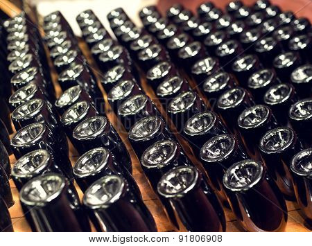 wine bottles in cellar. Selective focus