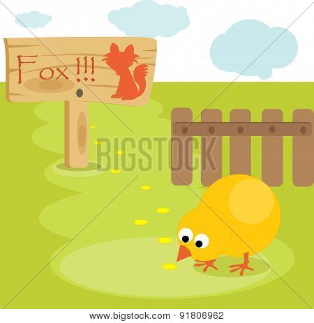 Chick with warning sign
