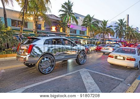 Cars At Ocean Drive In South Beach In The Evening