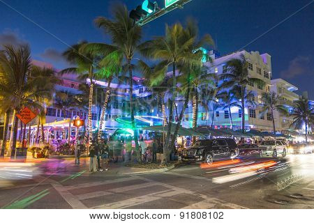 Palm Trees And Art Deco Hotels At Ocean Drive