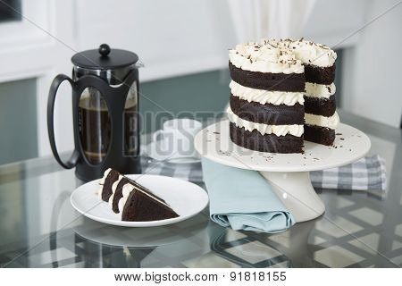 Chocolate Cake Served With Fresh Brewed Coffee