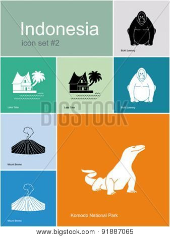 Landmarks of Indonesia. Set of color icons in Metro style. Editable vector illustration.