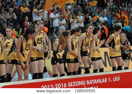ANKARA TURKEY-APRIL 30, 2016 : Volleyball Women 1st League of Turkey Champion Vakifbank Volleyball Team Players at the Baskent Volleyball Hall during the championship celebration session. April 30, 2016-Ankara/Turkey