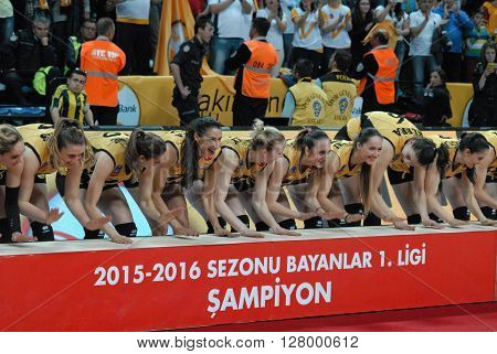 ANKARA TURKEY-APRIL 30, 2016 : Volleyball Women 1st League of Turkey Champion Vakifbank Volleyball Team Players at the Baskent Volleyball Hall during the championship celebration session. April 30, 2016-Ankara/Turkey