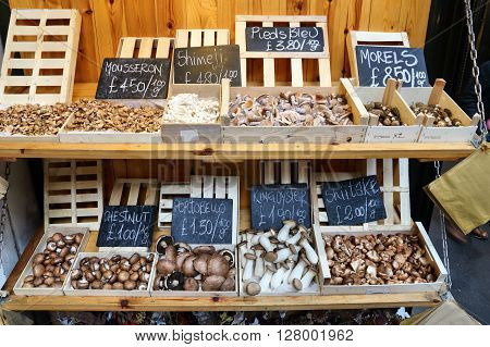 Mushrooms at London Borough Market UK. Food marketplace.