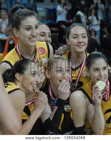 ANKARA TURKEY-APRIL 30, 2016 : Volleyball Women 1st League of Turkey Champion Vakifbank Volleyball Team Players at the Baskent Volleyball Hall during the championship celebration session. April 30, 2016-Ankara/Turkey