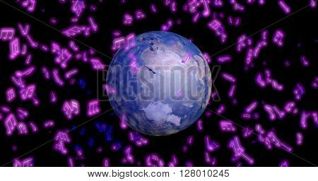 Earth emitting and surrounded by purple glowing musical symbols. 3D Rendering , Illustration