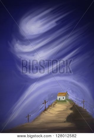Mystic house on the hill in turbulent weather