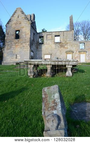 A view of an ancient graveyard and the ruins of St. Bridgets Kirk