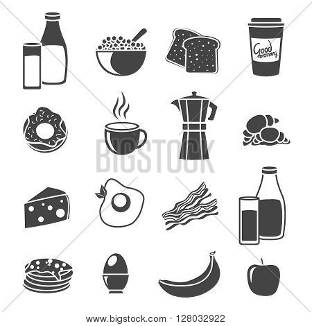 Flat icon set with sillhouettes of common breakfast elements food and dishes vector illustration