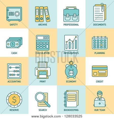 Flat icon set with colored accauntant accessories and elements for bookkeeping vector illustration