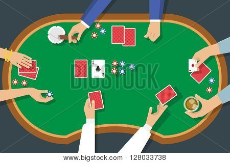 Poker game top view with female and male hands deck of cards chips cigar alcohol vector illustration