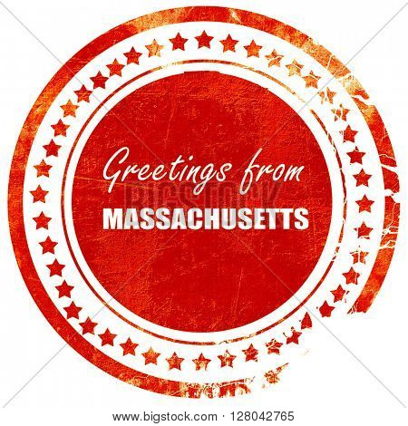 Greetings from masschusetts, grunge red rubber stamp on a solid 