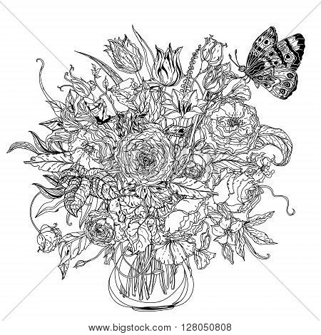 Artistic uncolored  for colouring book style luxury roses  bouquet in zenart style for Adult coloring book in famous zenart style. Hand-drawn, doodle, vector for design, wedding cards, coloring book