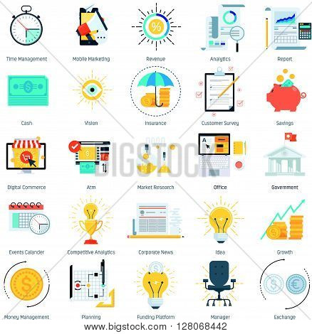 Business And Finance Theme, Flat Style, Colorful, Vector Icon Set