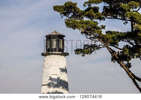 Close-up view of Buckroe Beach lighthouse in Hampton, Virginia on a sunny day.