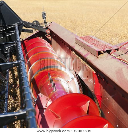 Close-up di combinare raspa bar raccolta di semi di soia.