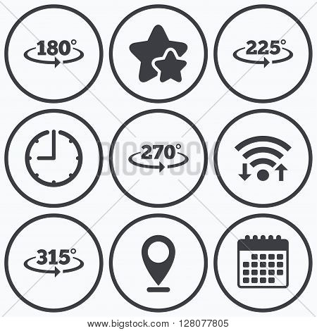 Clock, wifi and stars icons. Angle 180-315 degrees icons. Geometry math signs symbols. Full complete rotation arrow. Calendar symbol.