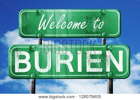 burien vintage green road sign with blue sky background