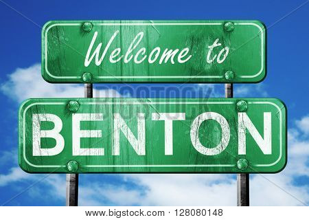 benton vintage green road sign with blue sky background