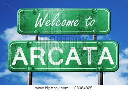 arcata vintage green road sign with blue sky background