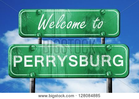 perrysburg vintage green road sign with blue sky background