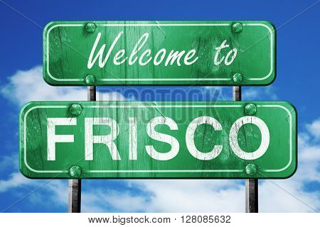 frisco vintage green road sign with blue sky background