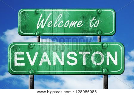evanston vintage green road sign with blue sky background