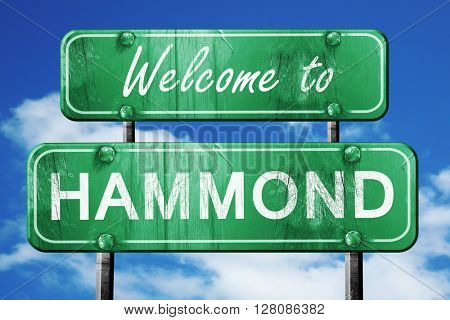 hammond vintage green road sign with blue sky background