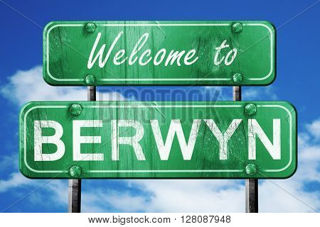 berwyn vintage green road sign with blue sky background