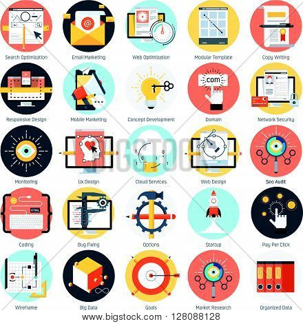 Search Engine Optimization Theme, Flat Style, Colorful, Vector Icon Set