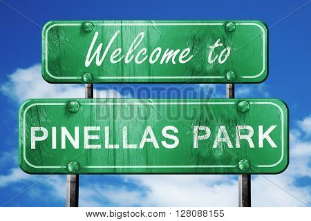 pinellas park vintage green road sign with blue sky background
