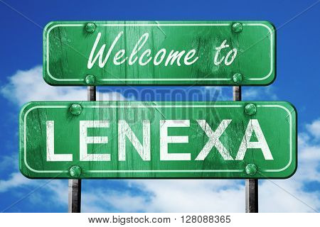 lenexa vintage green road sign with blue sky background