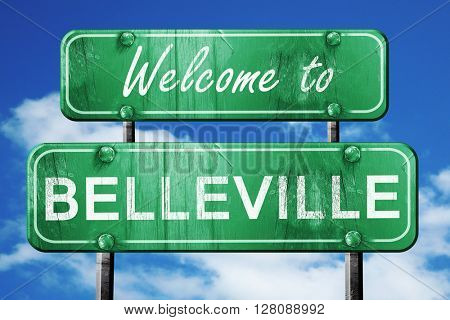 belleville vintage green road sign with blue sky background
