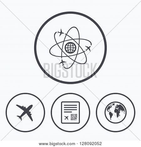 Airplane icons. World globe symbol. Boarding pass flight sign. Airport ticket with QR code. Icons in circles.