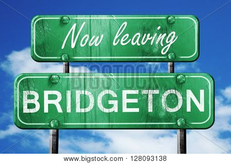 Leaving bridgeton, green vintage road sign with rough lettering